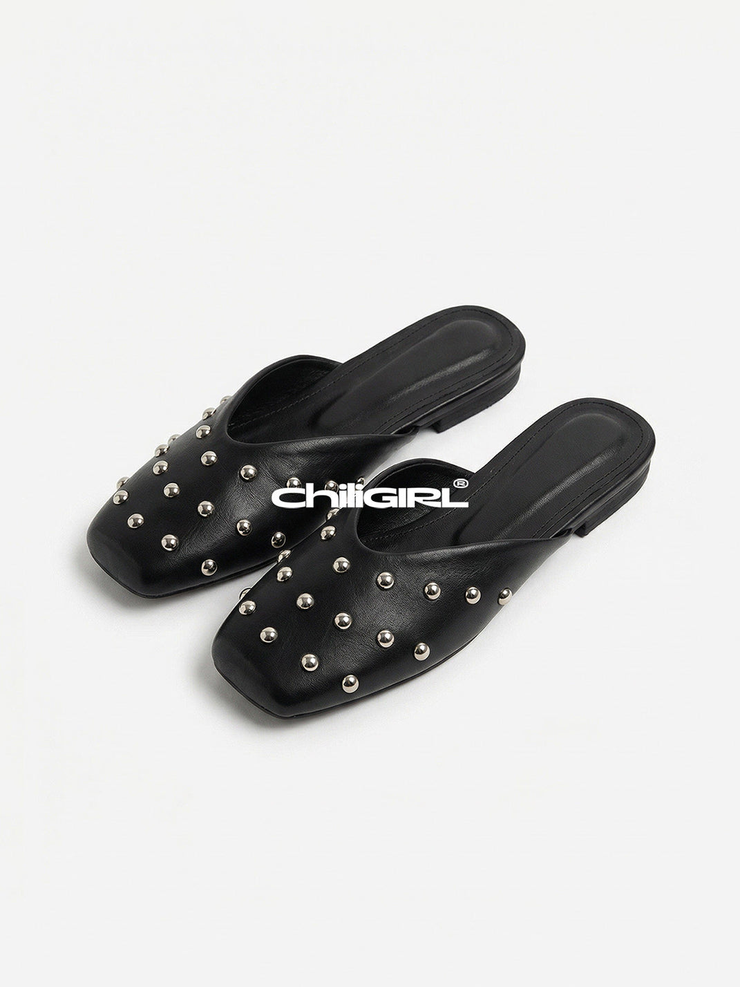 Black Studded Pointed-Toe Mule Flats