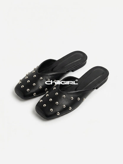Black Studded Pointed-Toe Mule Flats
