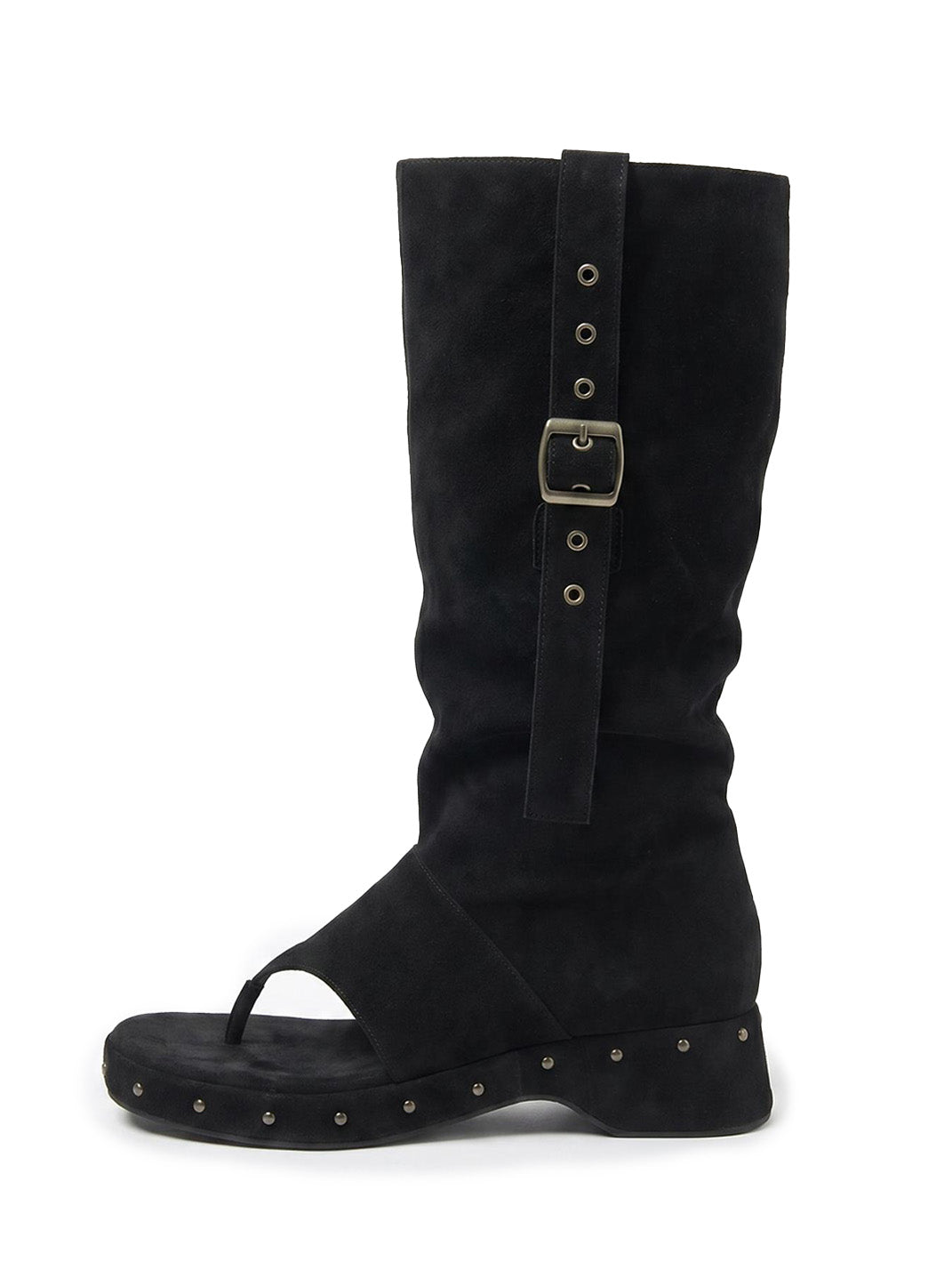 Black Rivet Low-Heel Tall Sandal Boots