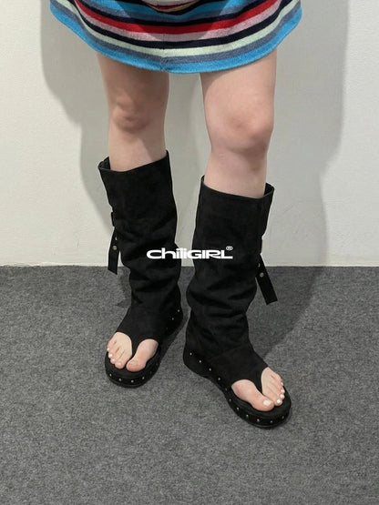 Black Rivet Low-Heel Tall Sandal Boots