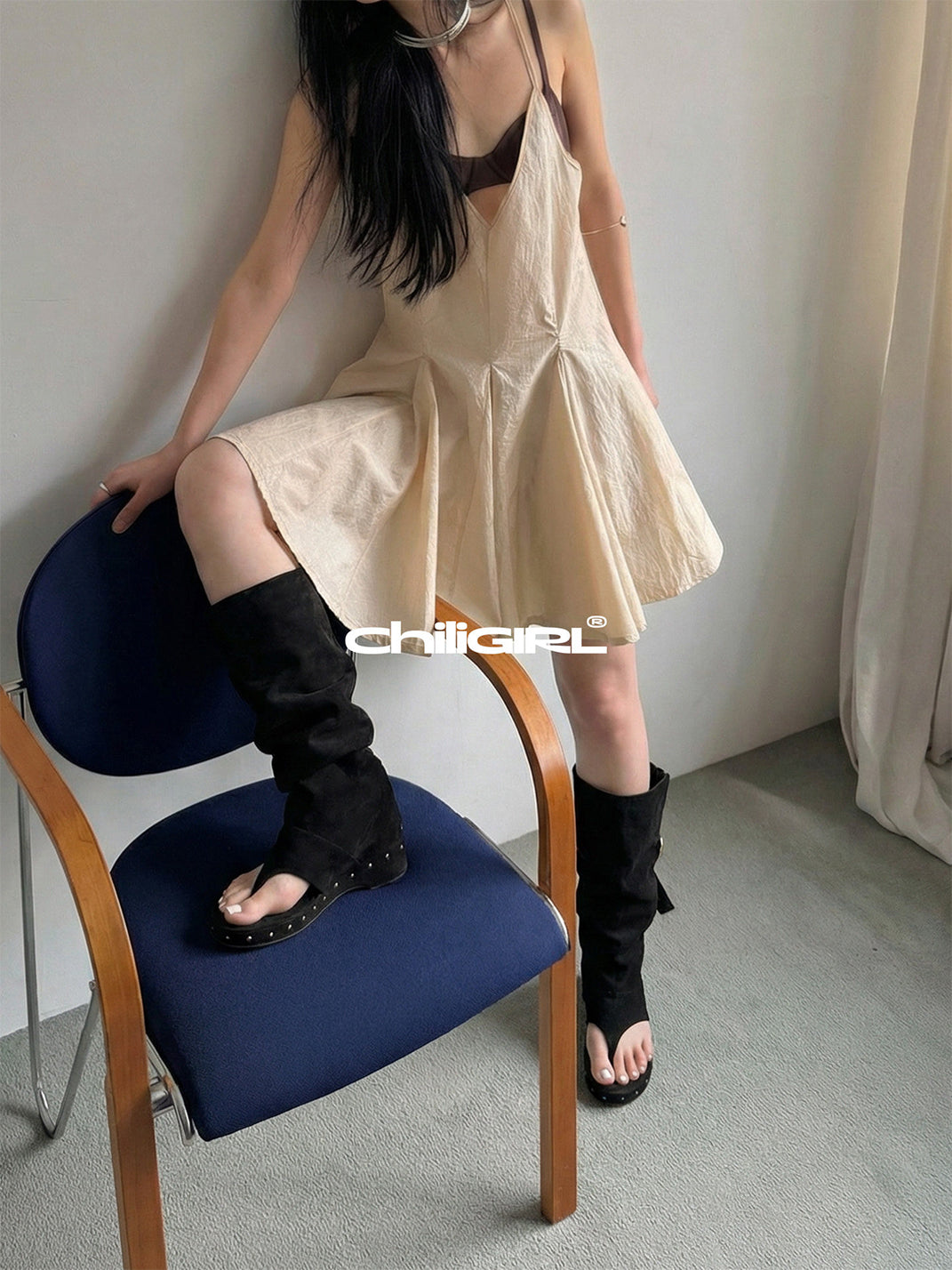 Black Rivet Low-Heel Tall Sandal Boots
