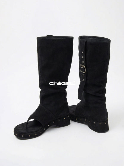 Black Rivet Low-Heel Tall Sandal Boots