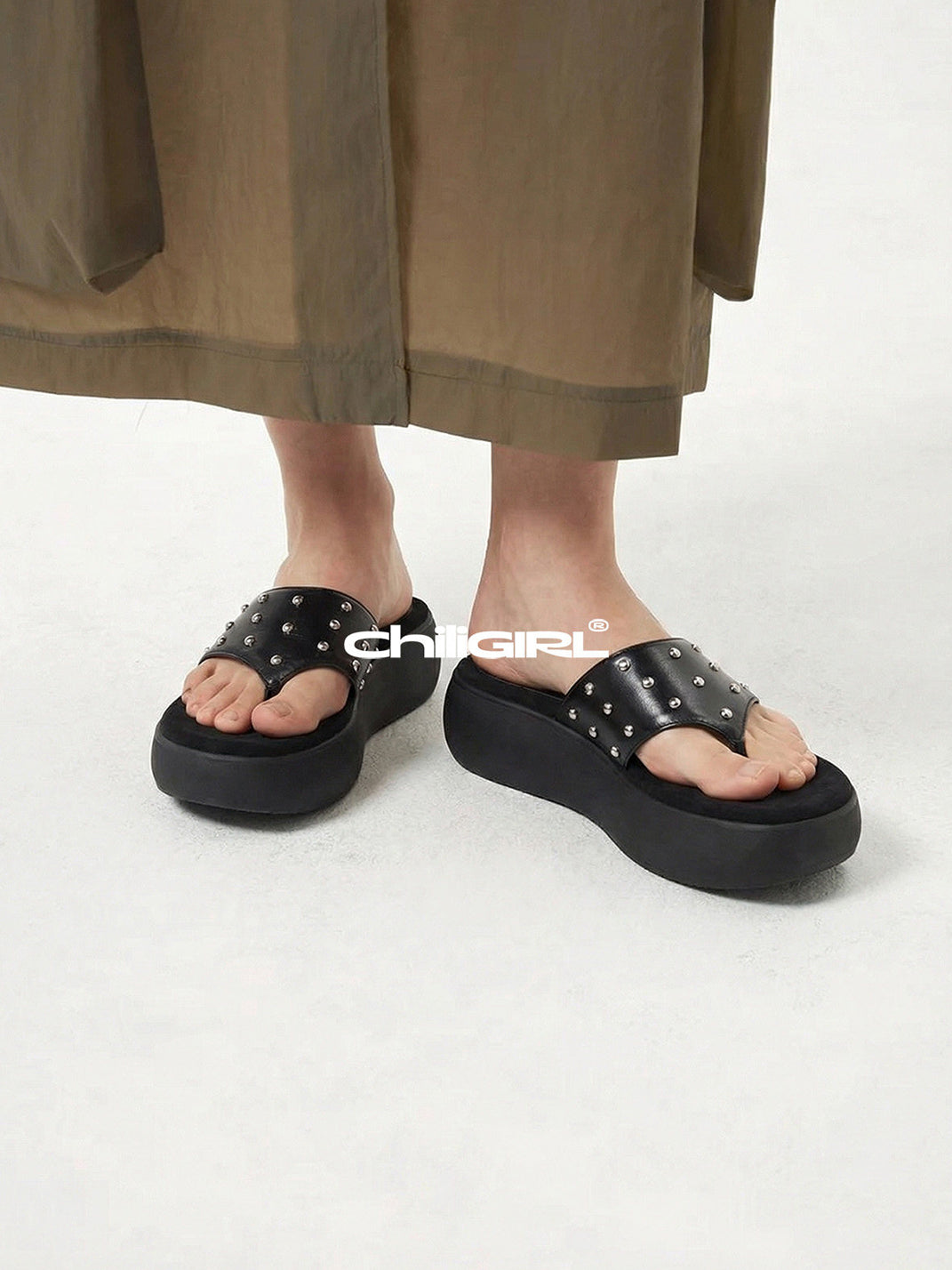 Black Rivet Platform Thong Sandals