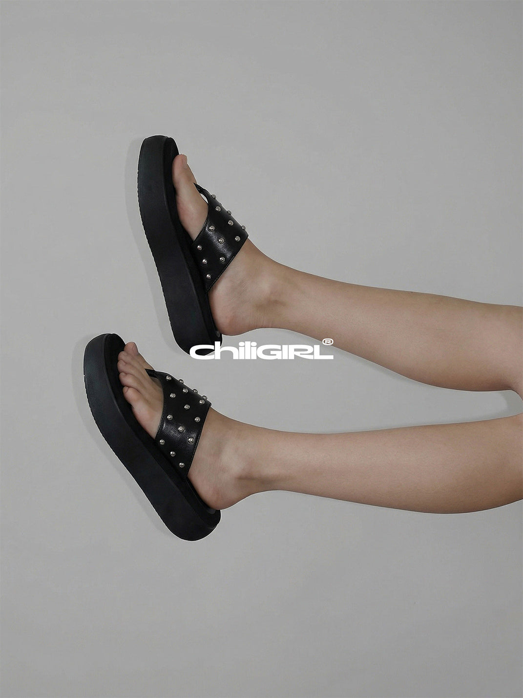 Black Rivet Platform Thong Sandals