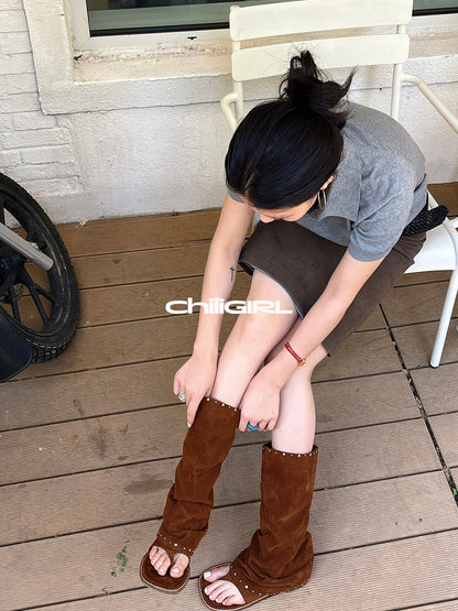 Studded Suede Open-Toe Tall Boots
