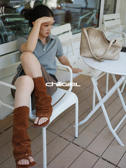 Studded Suede Open-Toe Tall Boots