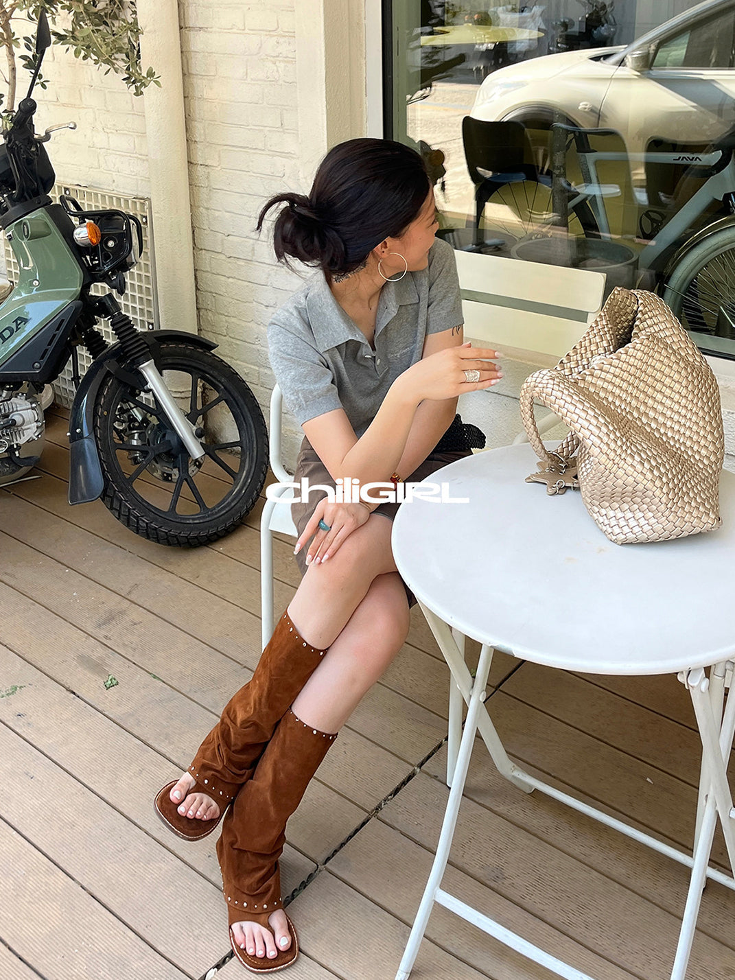 Studded Suede Open-Toe Tall Boots