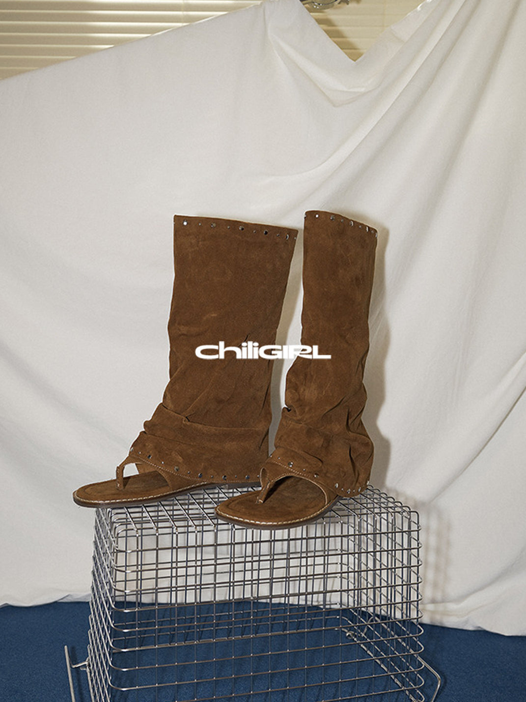 Studded Suede Open-Toe Tall Boots