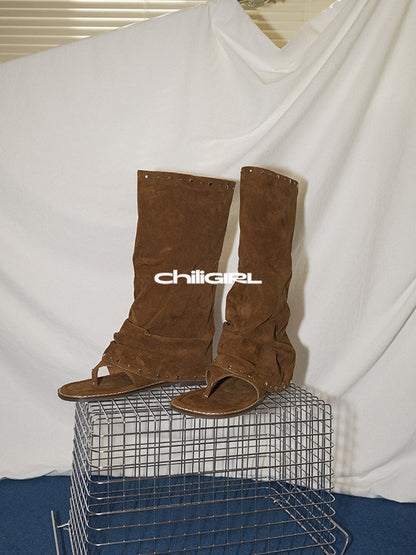Studded Suede Open-Toe Tall Boots