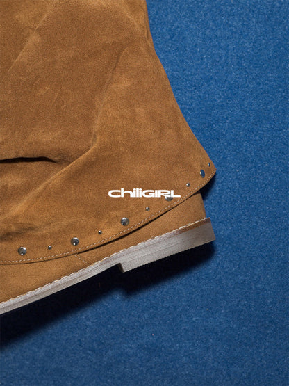 Studded Suede Open-Toe Tall Boots