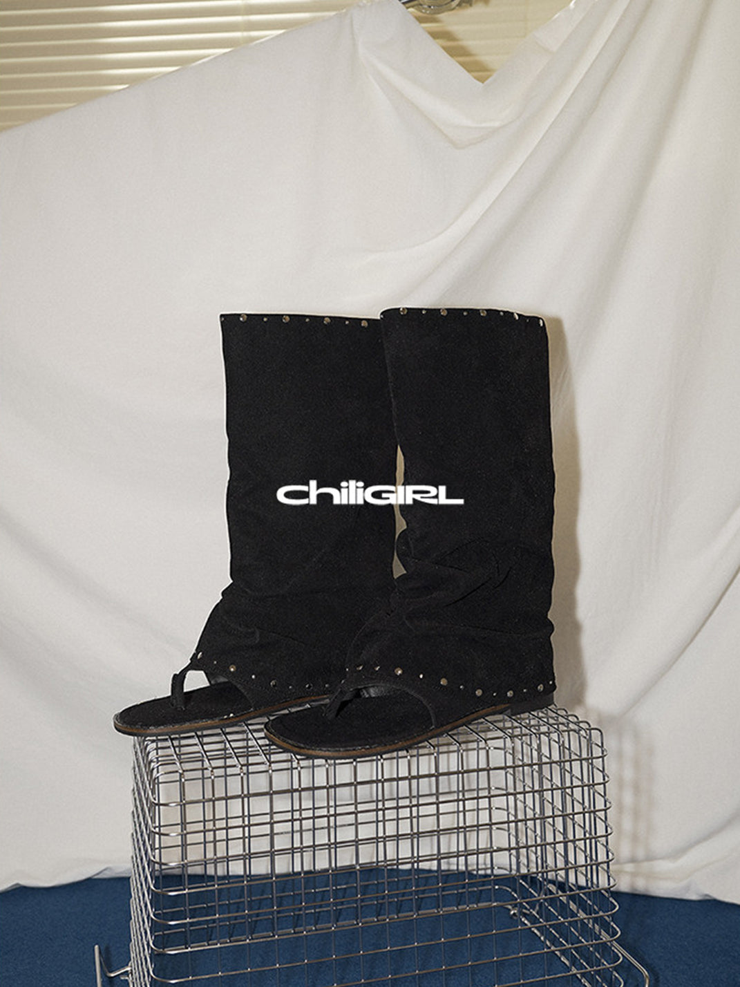 Studded Suede Open-Toe Tall Boots