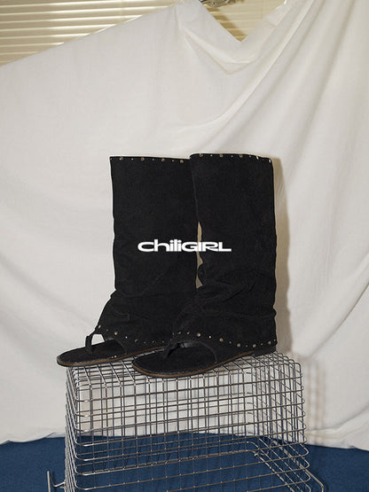 Studded Suede Open-Toe Tall Boots