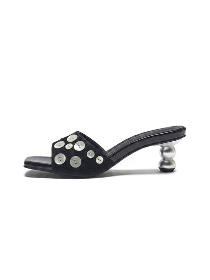 Black Shell-Buckle Sculpted-Heel Slides