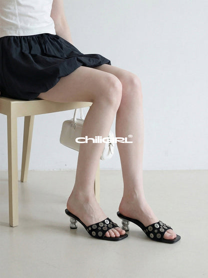Black Shell-Buckle Sculpted-Heel Slides