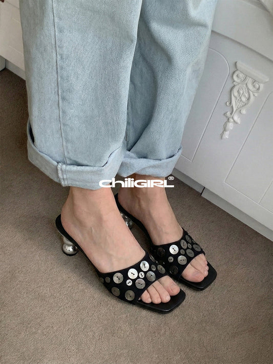 Black Shell-Buckle Sculpted-Heel Slides