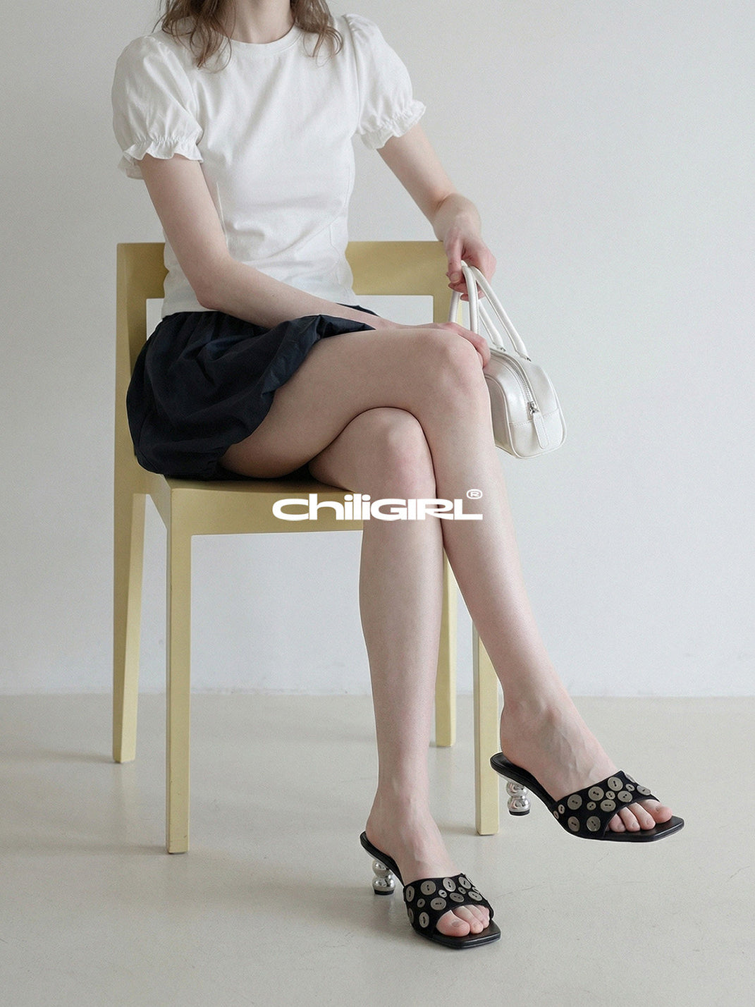 Black Shell-Buckle Sculpted-Heel Slides