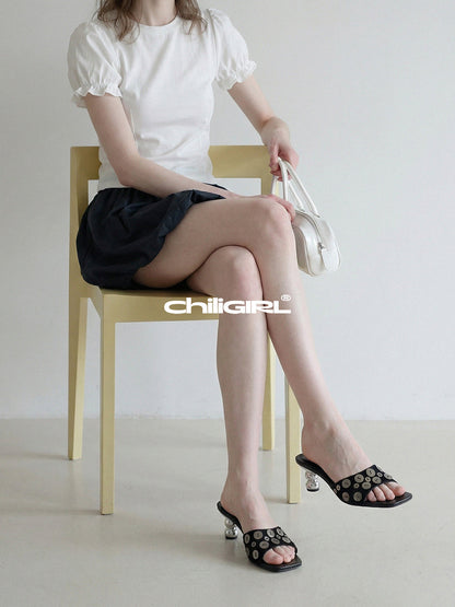 Black Shell-Buckle Sculpted-Heel Slides