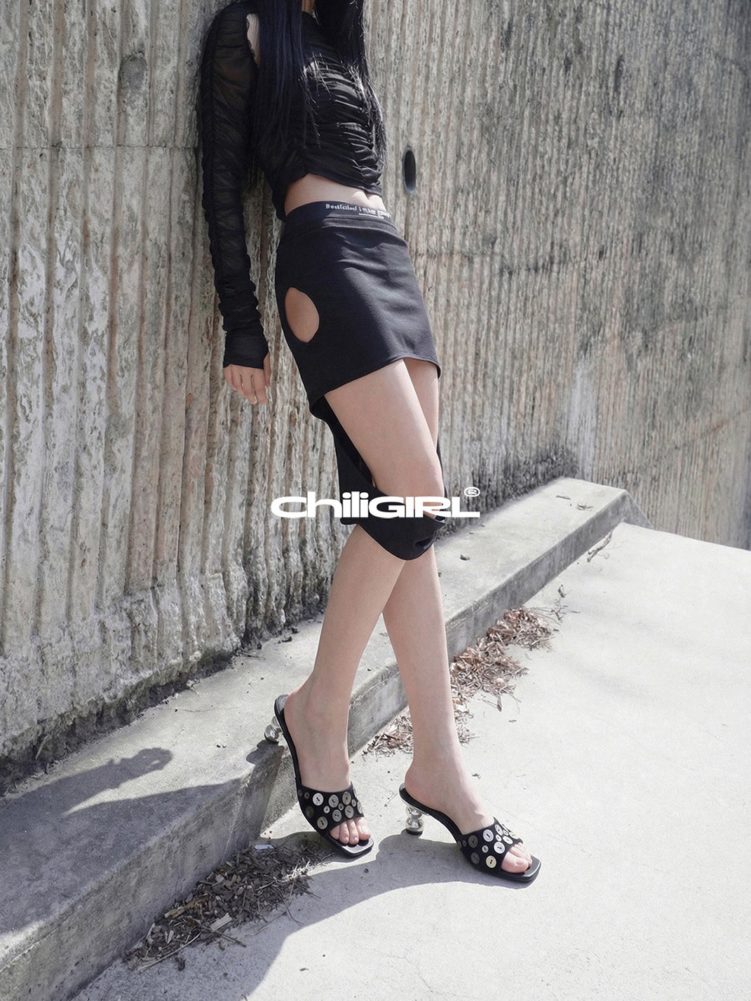 Black Shell-Buckle Sculpted-Heel Slides