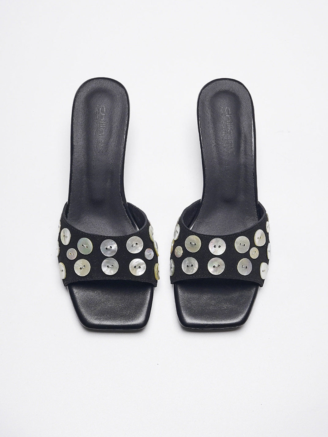 Black Shell-Buckle Sculpted-Heel Slides