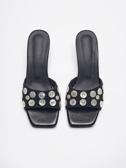 Black Shell-Buckle Sculpted-Heel Slides