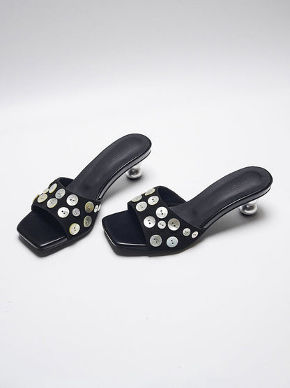 Black Shell-Buckle Sculpted-Heel Slides