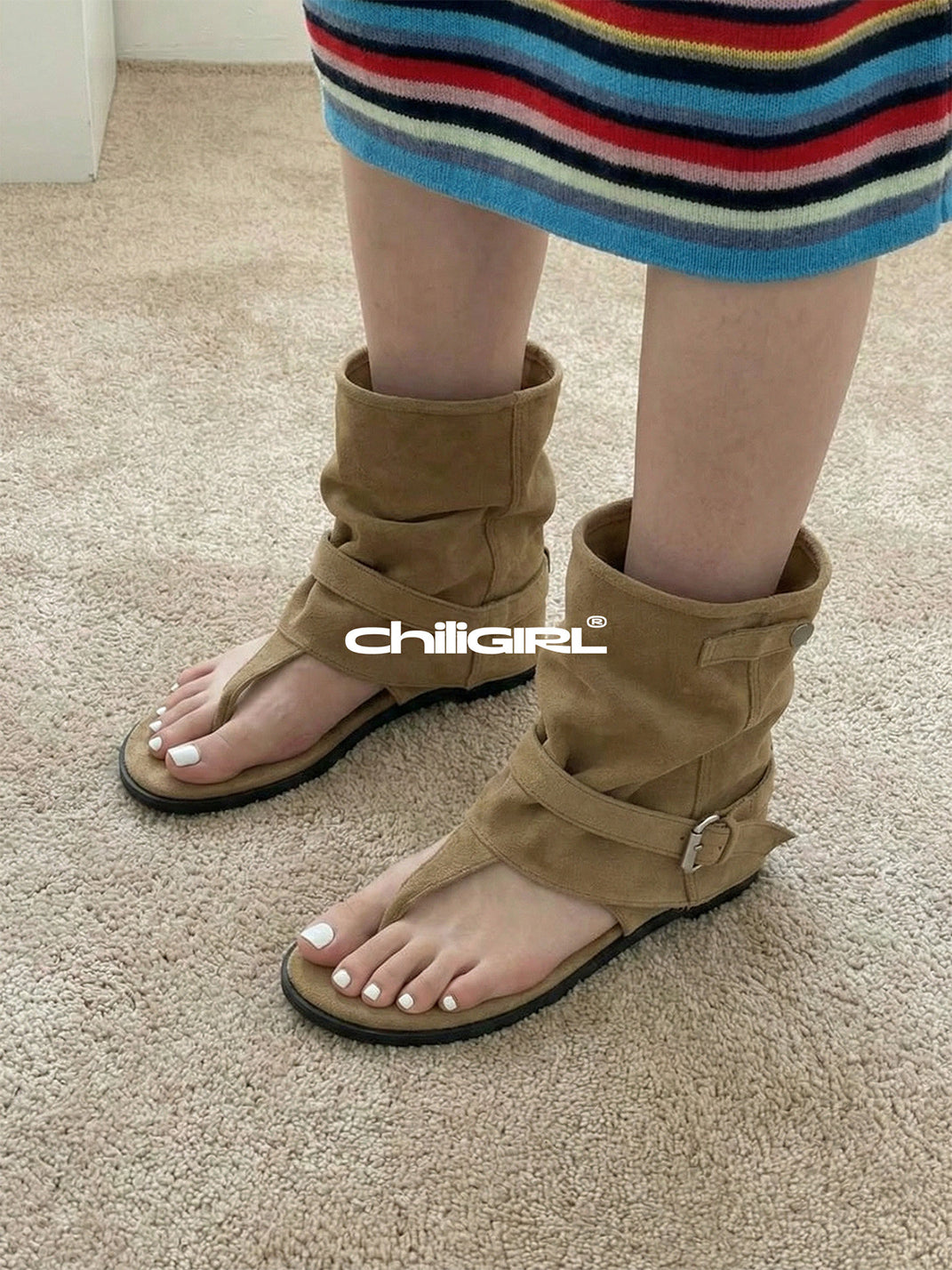 Khaki Slouchy Open-Toe Ankle Boots