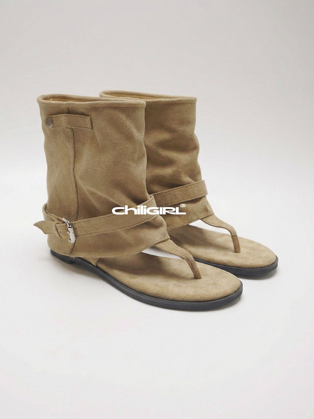 Khaki Slouchy Open-Toe Ankle Boots