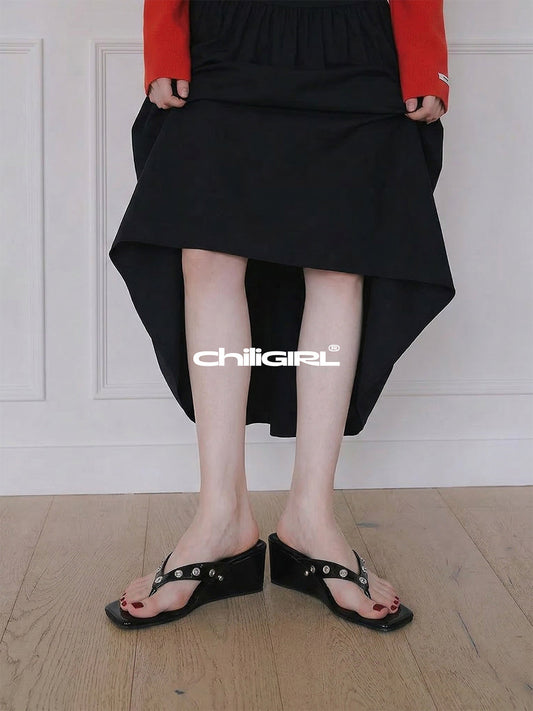 Buckle-Stud Platform Thong Sandals