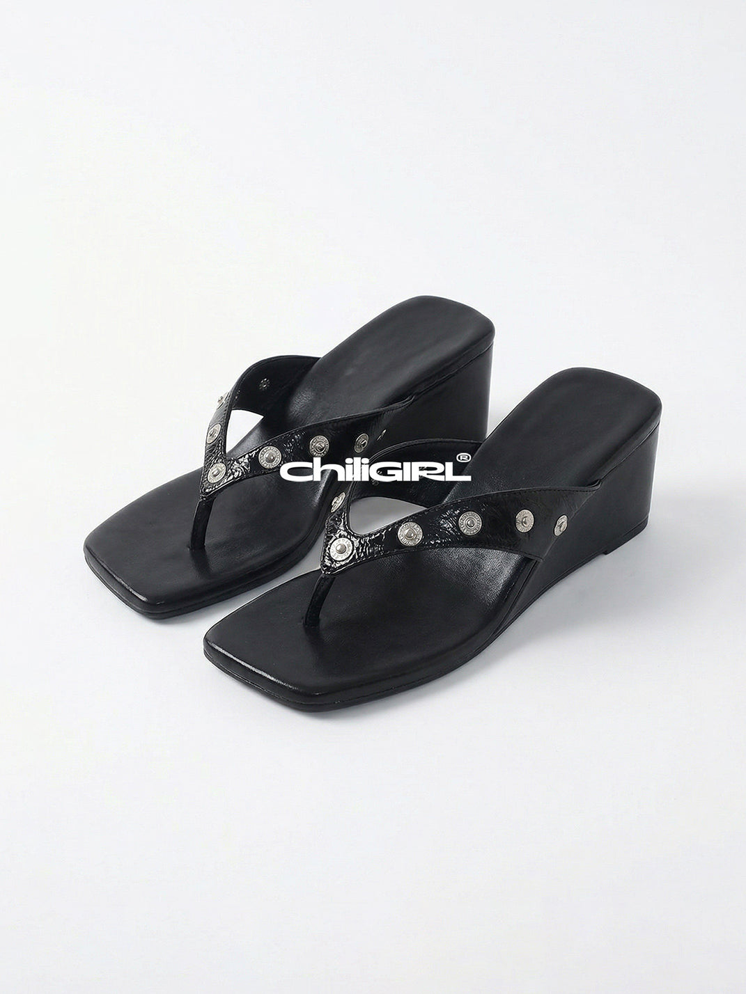 Buckle-Stud Platform Thong Sandals