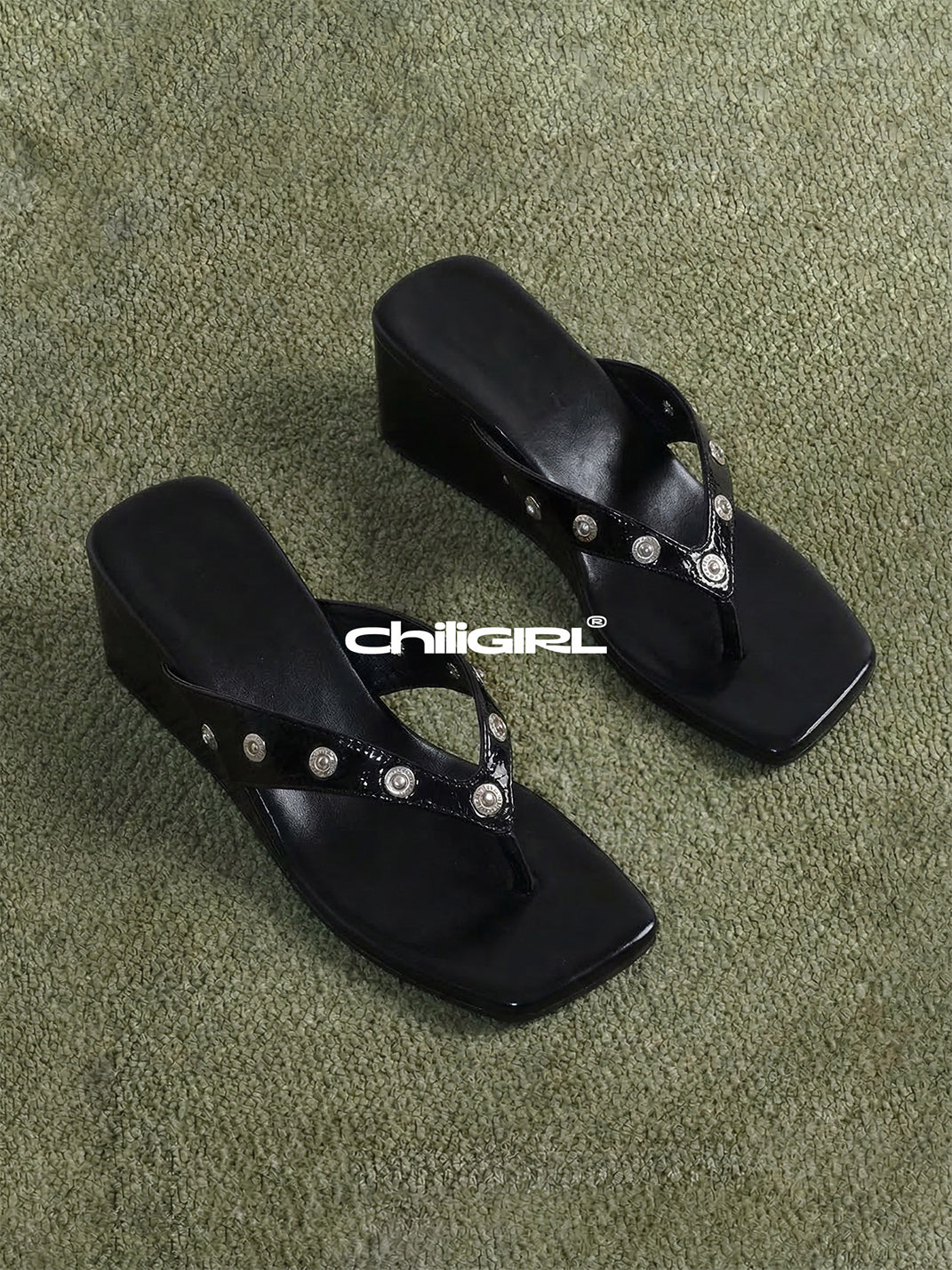 Buckle-Stud Platform Thong Sandals