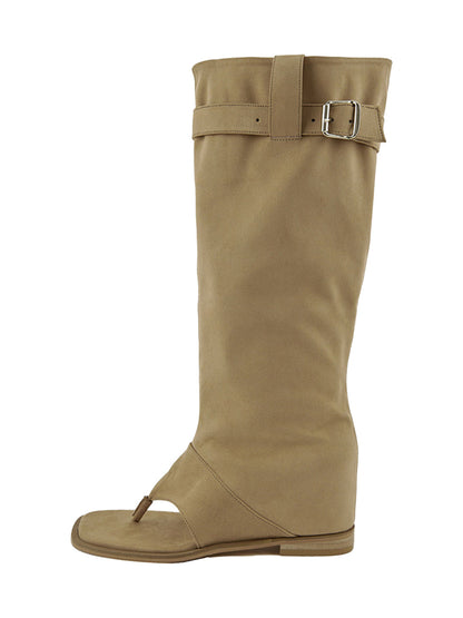 Khaki Western Thong Knee-High Sandal Boots