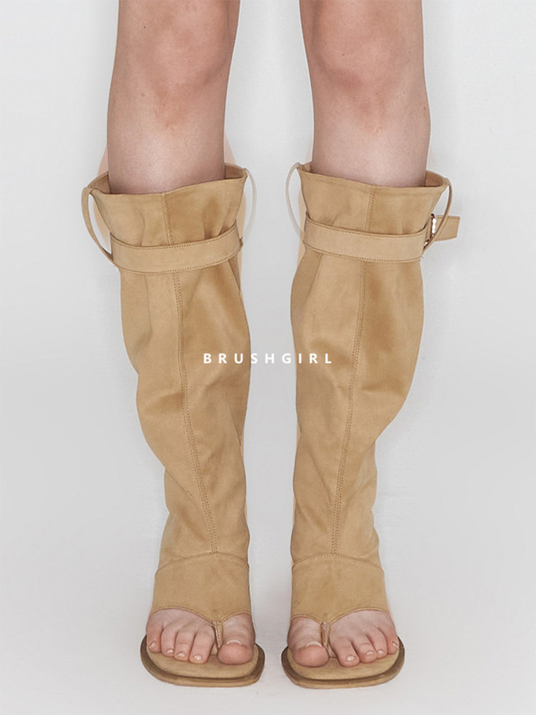 Khaki Western Thong Knee-High Sandal Boots