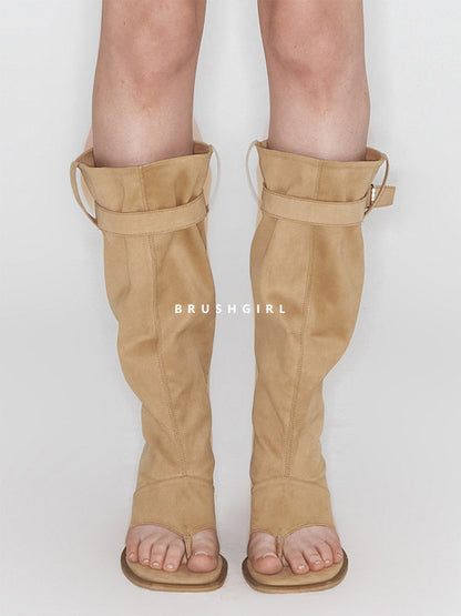 Khaki Western Thong Knee-High Sandal Boots