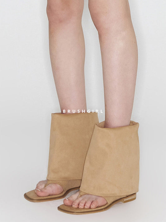 Khaki Western Thong Knee-High Sandal Boots