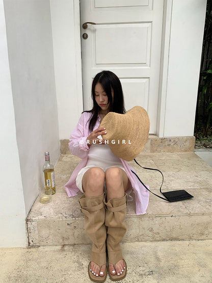Khaki Western Thong Knee-High Sandal Boots