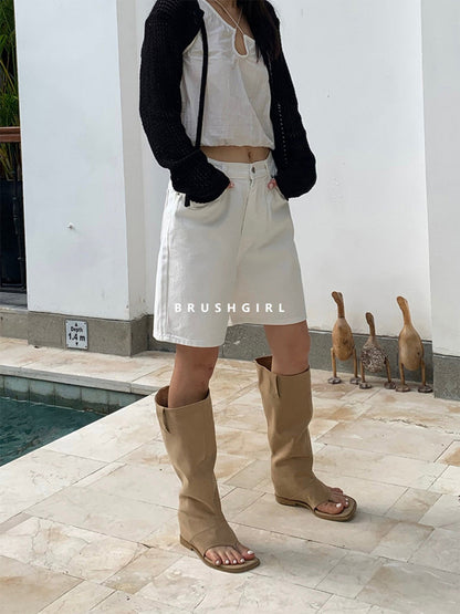 Khaki Western Thong Knee-High Sandal Boots