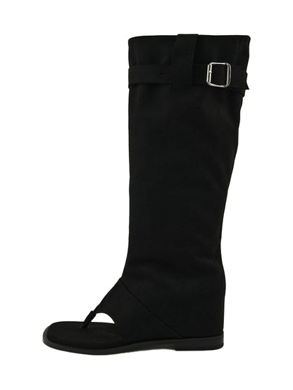 Khaki Western Thong Knee-High Sandal Boots