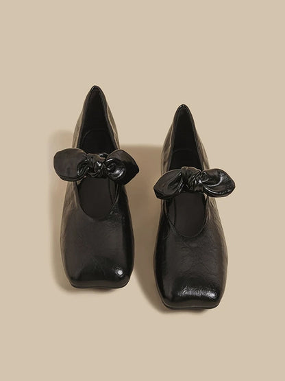 Ribbon-Bow Square-Toe Strap Flats