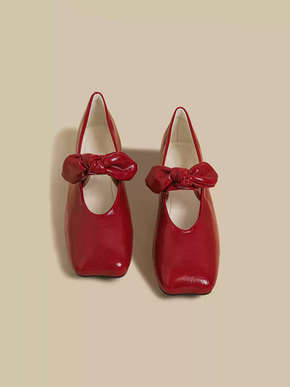 Ribbon-Bow Square-Toe Strap Flats