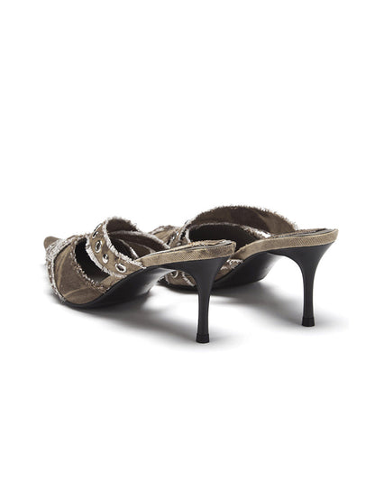 Coffee Crystal-Stud Pointed Mule Heels