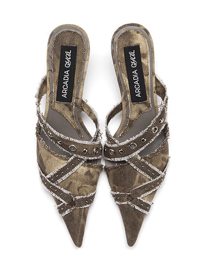 Coffee Crystal-Stud Pointed Mule Heels