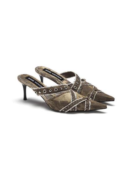 Coffee Crystal-Stud Pointed Mule Heels
