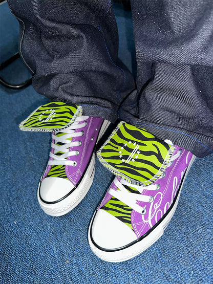 Zebra-Tongue Skull-Print Canvas Sneakers