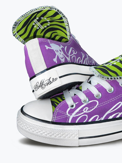 Zebra-Tongue Skull-Print Canvas Sneakers