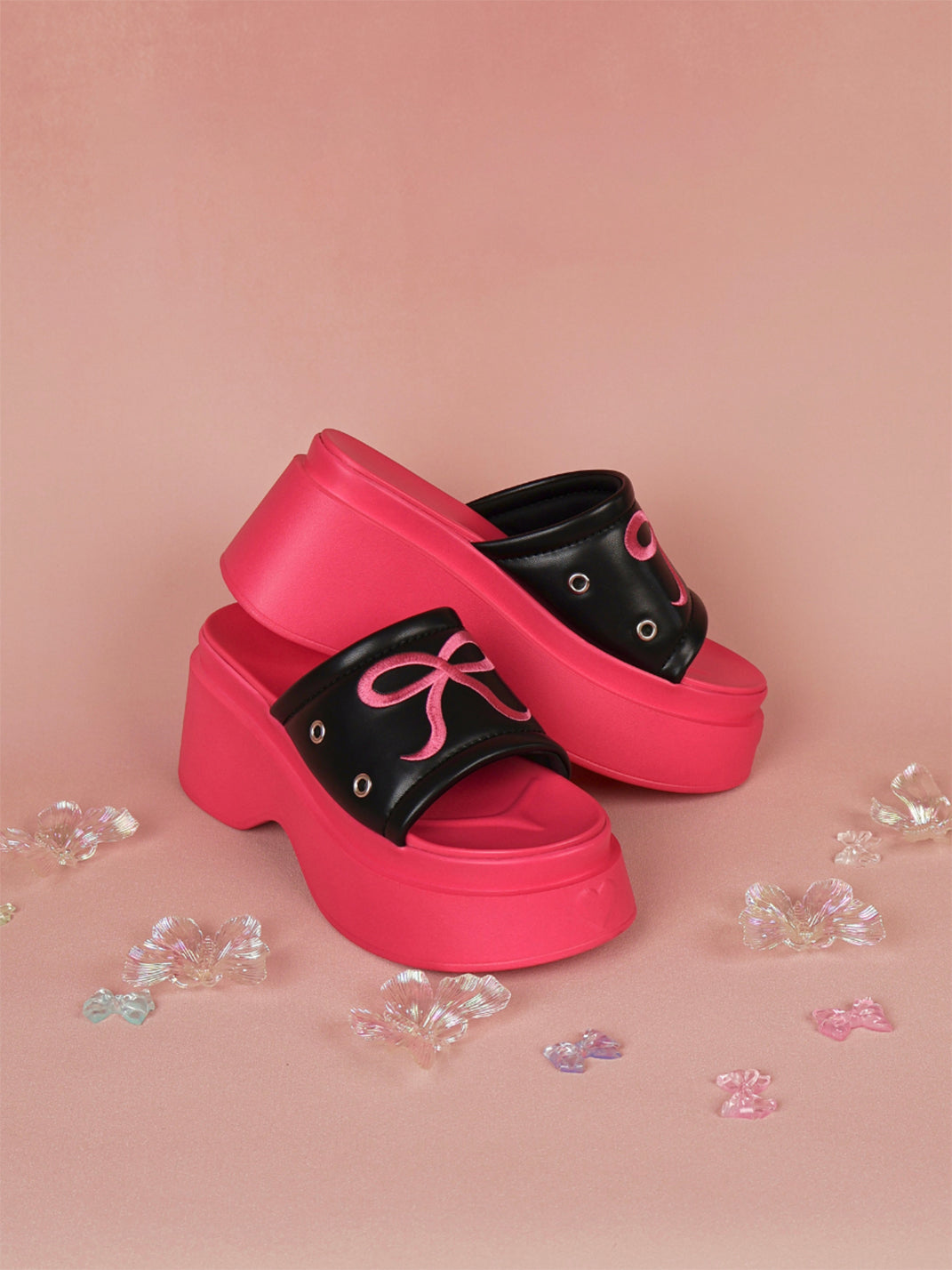 Hot-Pink Bow-Detail Platform Slides