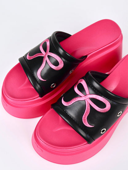Hot-Pink Bow-Detail Platform Slides