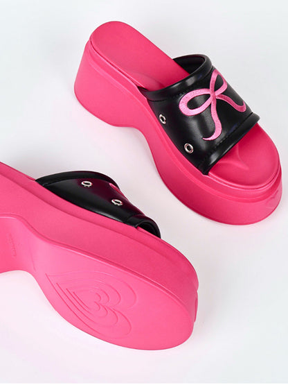 Hot-Pink Bow-Detail Platform Slides