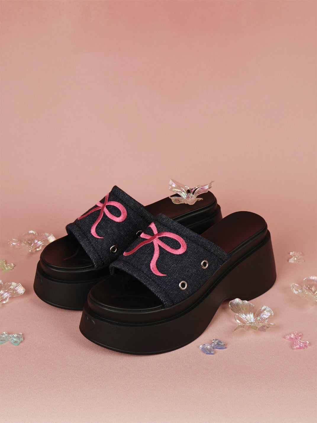 Hot-Pink Bow-Detail Platform Slides