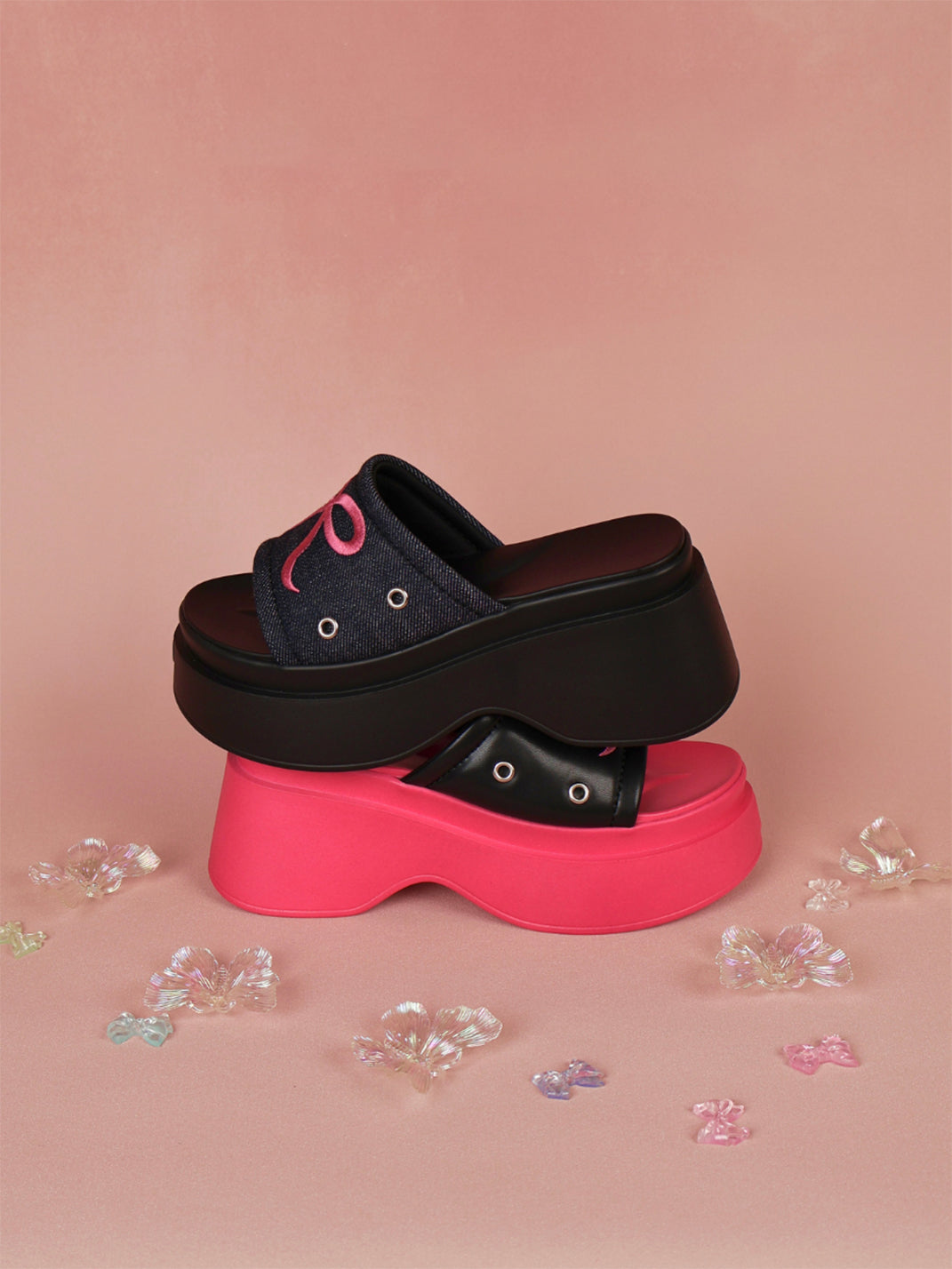 Hot-Pink Bow-Detail Platform Slides