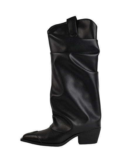 Black Slouched Cowboy Knee-High Boots
